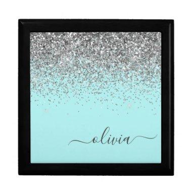 Aqua Blue Teal Silver Glitter Monogram Gift Box