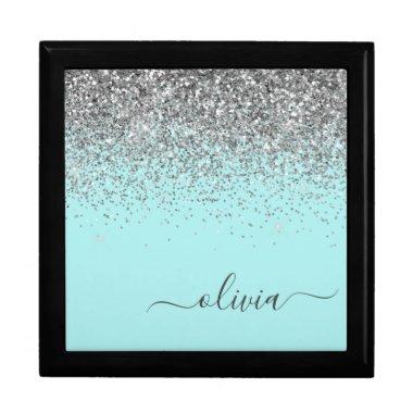 Aqua Blue Teal Silver Glitter Monogram Gift Box