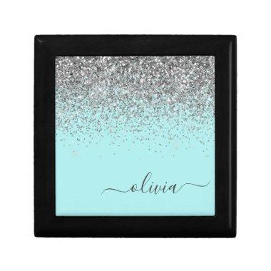 Aqua Blue - Teal Silver Glitter Monogram Gift Box