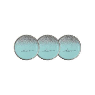Aqua Blue Teal Silver Glitter Monogram Golf Ball Marker