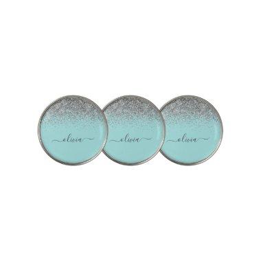 Aqua Blue Teal Silver Glitter Monogram Golf Ball Marker