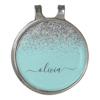 Aqua Blue Teal Silver Glitter Monogram Golf Hat Clip