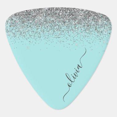 Aqua Blue Teal Silver Glitter Monogram Guitar Pick