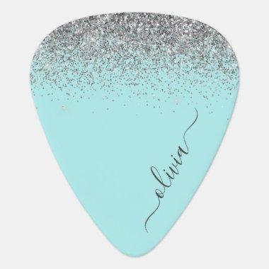 Aqua Blue Teal Silver Glitter Monogram Guitar Pick
