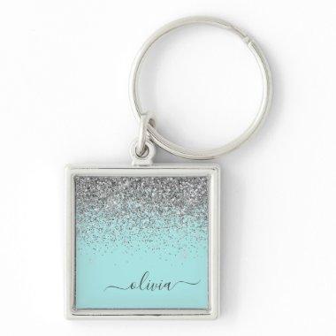 Aqua Blue Teal Silver Glitter Monogram Keychain