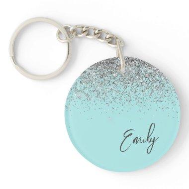 Aqua Blue Teal Silver Glitter Monogram Keychain