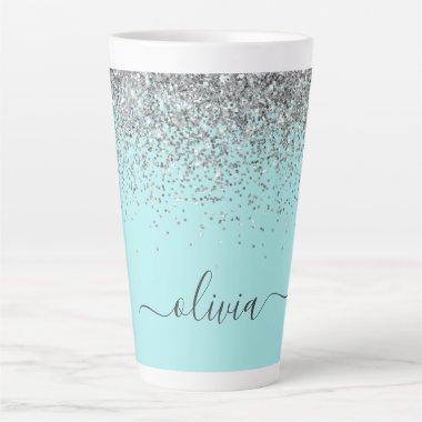 Aqua Blue Teal Silver Glitter Monogram Latte Mug