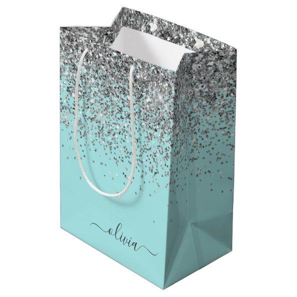 Aqua Blue Teal Silver Glitter Monogram Medium Gift Bag