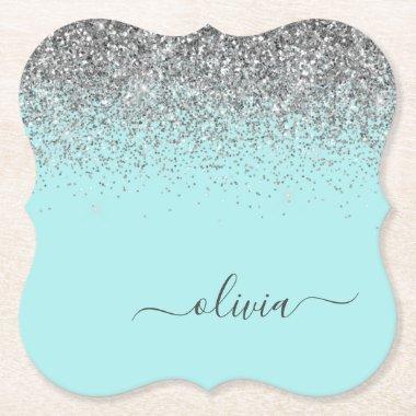 Aqua Blue Teal Silver Glitter Monogram Paper Coaster