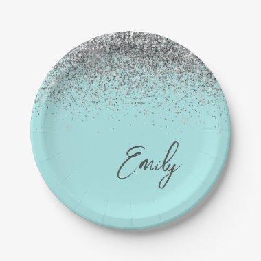 Aqua Blue Teal Silver Glitter Monogram Paper Plates