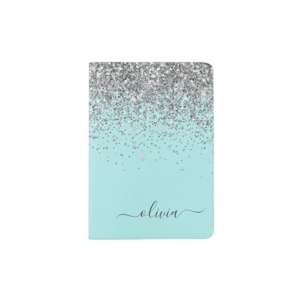 Aqua Blue Teal Silver Glitter Monogram Passport Holder