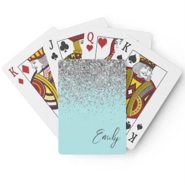 Aqua Blue Teal Silver Glitter Monogram Poker