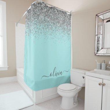 Aqua Blue Teal Silver Glitter Monogram Shower Curtain