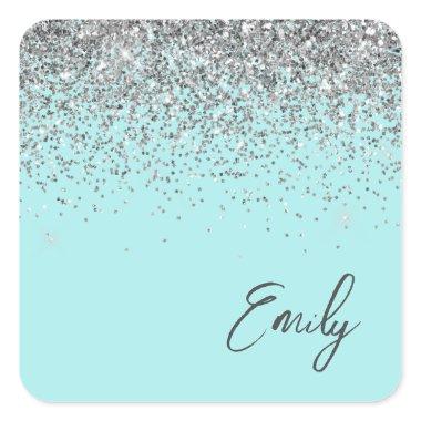 Aqua Blue Teal Silver Glitter Monogram Square Sticker