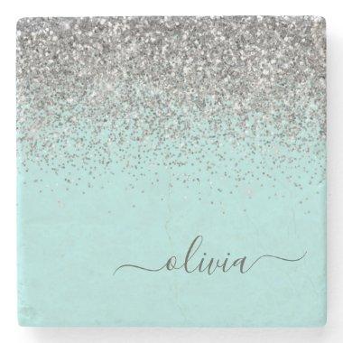 Aqua Blue Teal Silver Glitter Monogram Stone Coaster