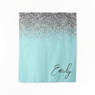 Aqua Blue Teal Silver Glitter Monogram Tapestry