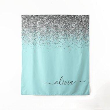 Aqua Blue Teal Silver Glitter Monogram Tapestry