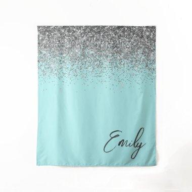 Aqua Blue Teal Silver Glitter Monogram Tapestry