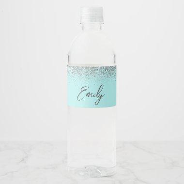 Aqua Blue Teal Silver Glitter Monogram Water Bottle Label
