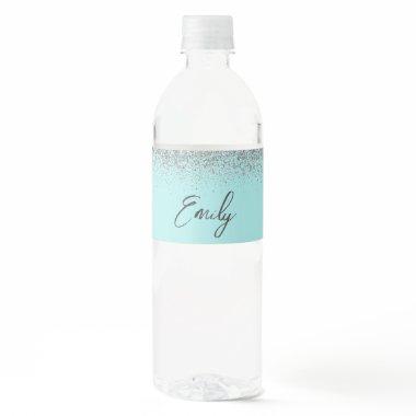 Aqua Blue Teal Silver Glitter Monogram Water Bottle Label