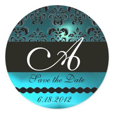 AQUA BLUE TURQUASE AQUAMARINE DAMASK MONOGRAM CLASSIC ROUND STICKER