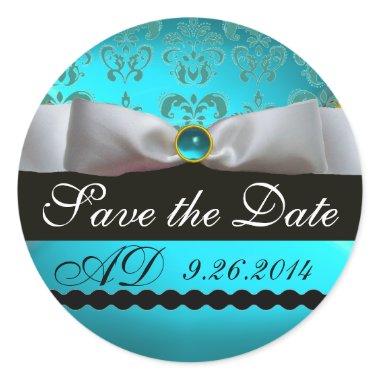 AQUA BLUE WHITE DAMASK RIBBON MONOGRAM Gemstone Classic Round Sticker