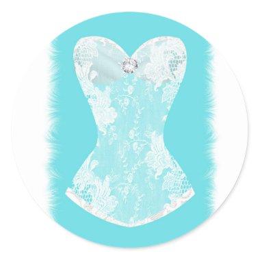 Aqua Blue & White Glam Lingerie Shower Party Favor Classic Round Sticker