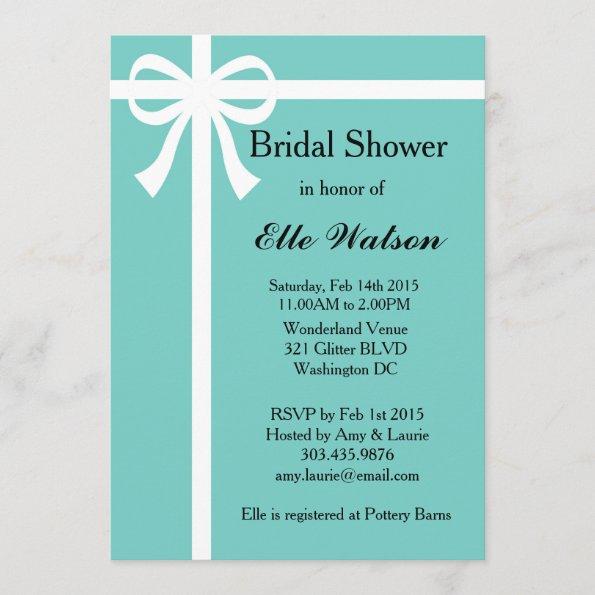 Aqua Bridal Shower Invitations, White Ribbon Invitation