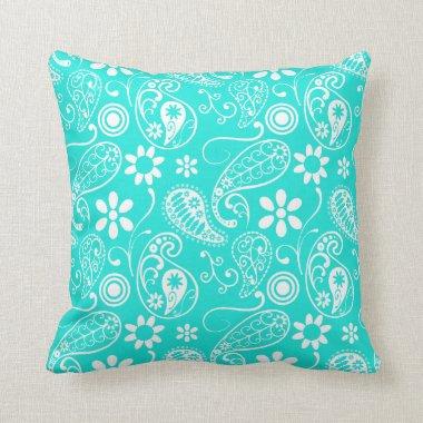 Aqua Color Paisley; Floral Throw Pillow