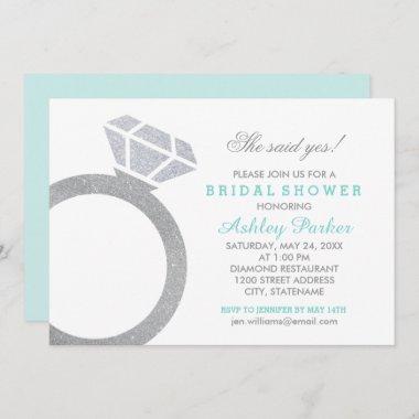 Aqua Diamond Ring Glitter Wedding Bridal Shower Invitations