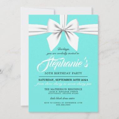 Aqua Elegant Bow White Tiffany Birthday Invitations
