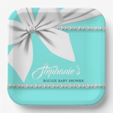 Aqua Elegant Tiffany Pearls Fancy Baby Shower Paper Plates