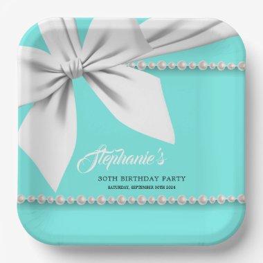 Aqua Elegant Tiffany Pearls Fancy Party Tableware Paper Plates