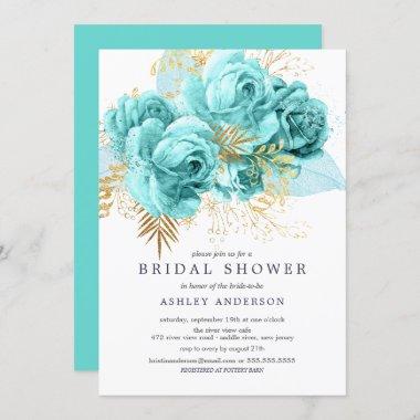 Aqua & Gold Floral Bridal Shower Invitations