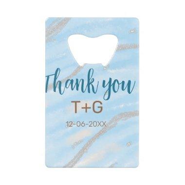 Aqua gold thank you add couple name date year text credit Invitations bottle opener
