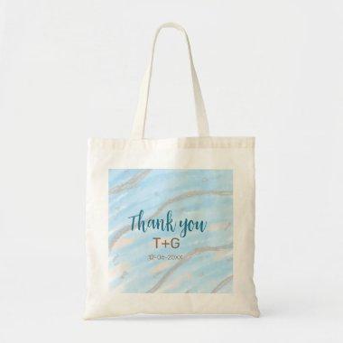 Aqua gold thank you add couple name date year text tote bag