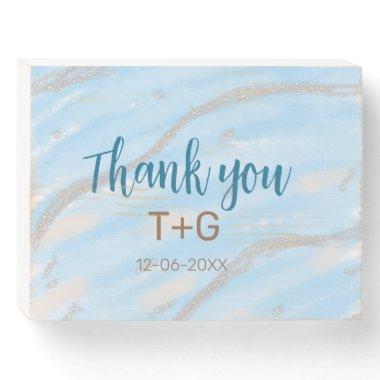 Aqua gold thank you add couple name date year text wooden box sign