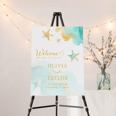 Aqua Gold Watercolor Beach Wedding Welcome Sign