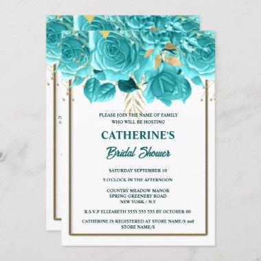 Aqua gold white rose watercolor bridal shower Invitations