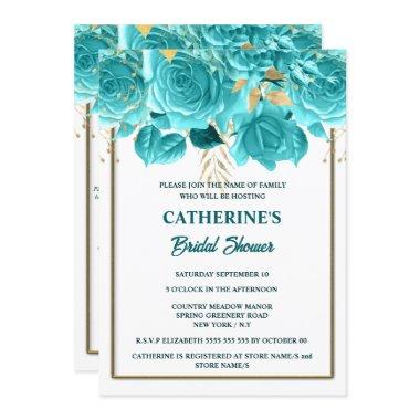 Aqua gold white rose watercolor