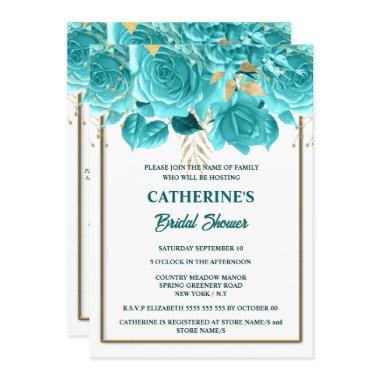 Aqua gold white rose watercolor bridal shower Invitations