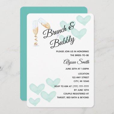 Aqua Hearts Brunch & Bubbly Bridal Shower Invitations