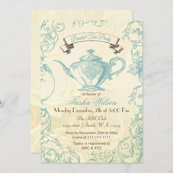 Aqua Ivory Roses vintage Bridal Tea Invitations