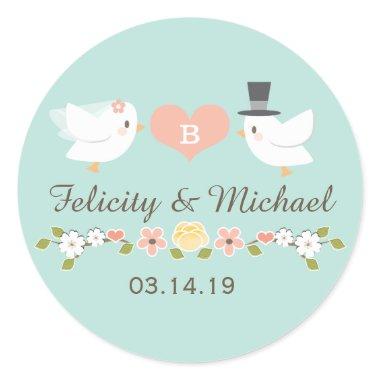 AQUA MONOGRAM DOVE LOVE BIRDS WEDDING CLASSIC ROUND STICKER