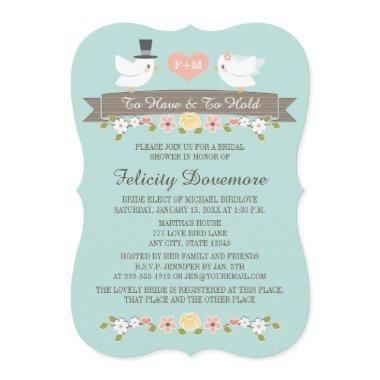 Aqua Monogram Love Birds Bridal Shower Invitations