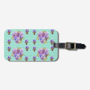Aqua Pansy Viola Floral dot Pattern Luggage Tag