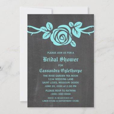 Aqua Rose Chalkboard Bridal Shower Invite