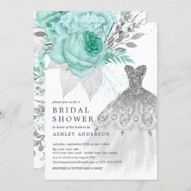 Aqua & Silver Floral Wedding Dress Bridal Shower Invitations