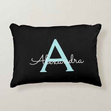 Aqua Teal Blue Script Girly Monogram Name Accent Pillow