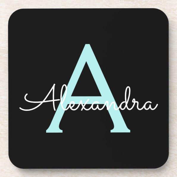 Aqua Teal Blue Script Girly Monogram Name Beverage Coaster